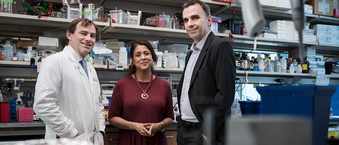 Three MSK experts stand in a lab.