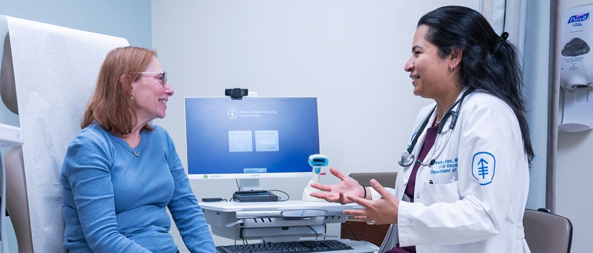 A doctor talks to a patient about the world-class pancreatic cancer care she is receiving at MSK.